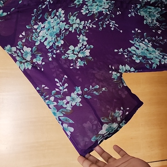 Purple Printed Semi Sheer Shirt with Turquoise Flowers - Picture 4 of 6